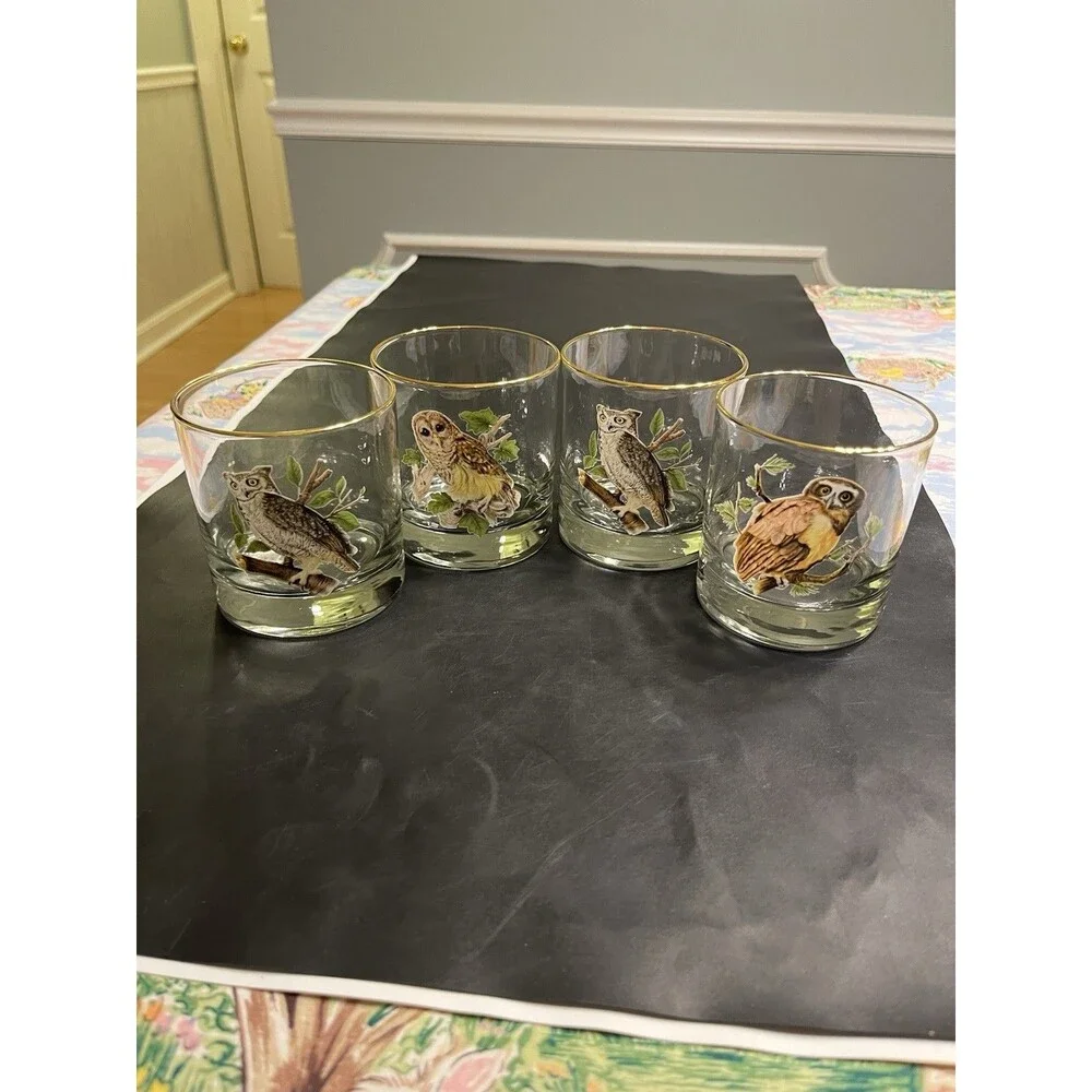 4pc MCM Owl on Branch Gold Rim Tumbler Old Fashion Glasses